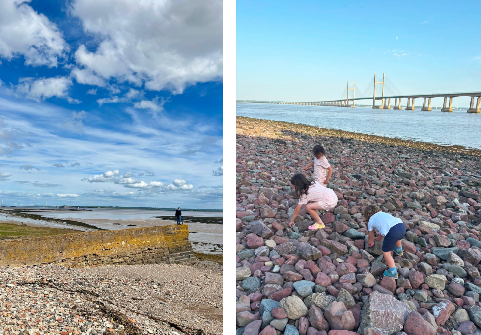 children enjoy monmouthshire on sunny day by the Severn estuary 
